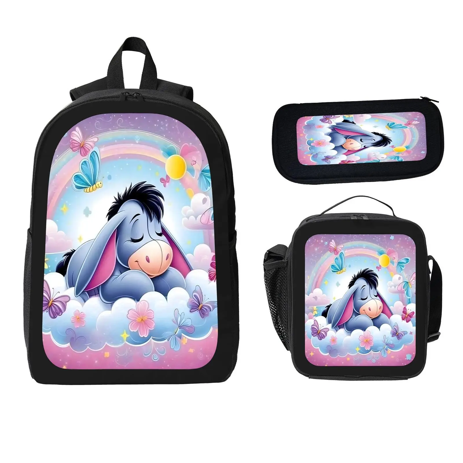 Eeyore  3 Pcs School Backpack Set for Boys Girls Kids, Large Capacity Bookbag with Insulated Lunch Bag Pencil Case, Water Resistant Travel Daypack for Elementary Middle School c-11