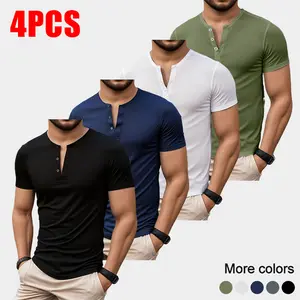 4-pack men’s solid-color casual short-sleeve Henley shirts, lightweight button closure, suitable for casual work and sports, comfortable breathable fabric, ideal for everyday summer wear and outdoor activities.