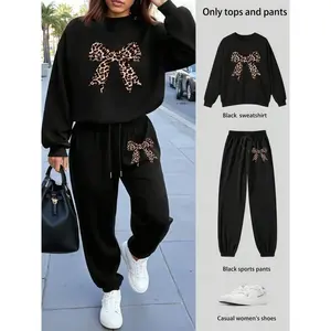 Women’s 2-Piece Set Round Neck Long Sleeve Leopard Sweatshirt Top and Drawstring Waist Casual Pants, Fall & Winter Two-Piece Set
