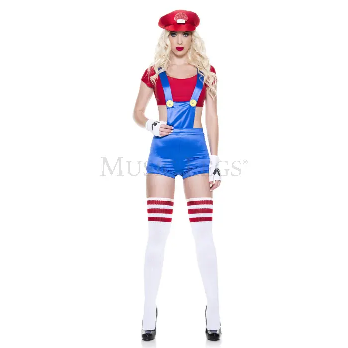 212 MAIN Women's Sassy Red 4-Piece Plumber Costume for Pets, Red-Blue, Small - Includes Satin Crop Top, Short Sleeves, Mushroom Hat, and Accessories, Clothes