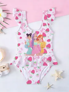 K-POP Cartoon Kids Girls One-Piece Swimsuit, Strawberry Flower Ruffle Beach Swimwear, Best Gift for Birthday & Back to School