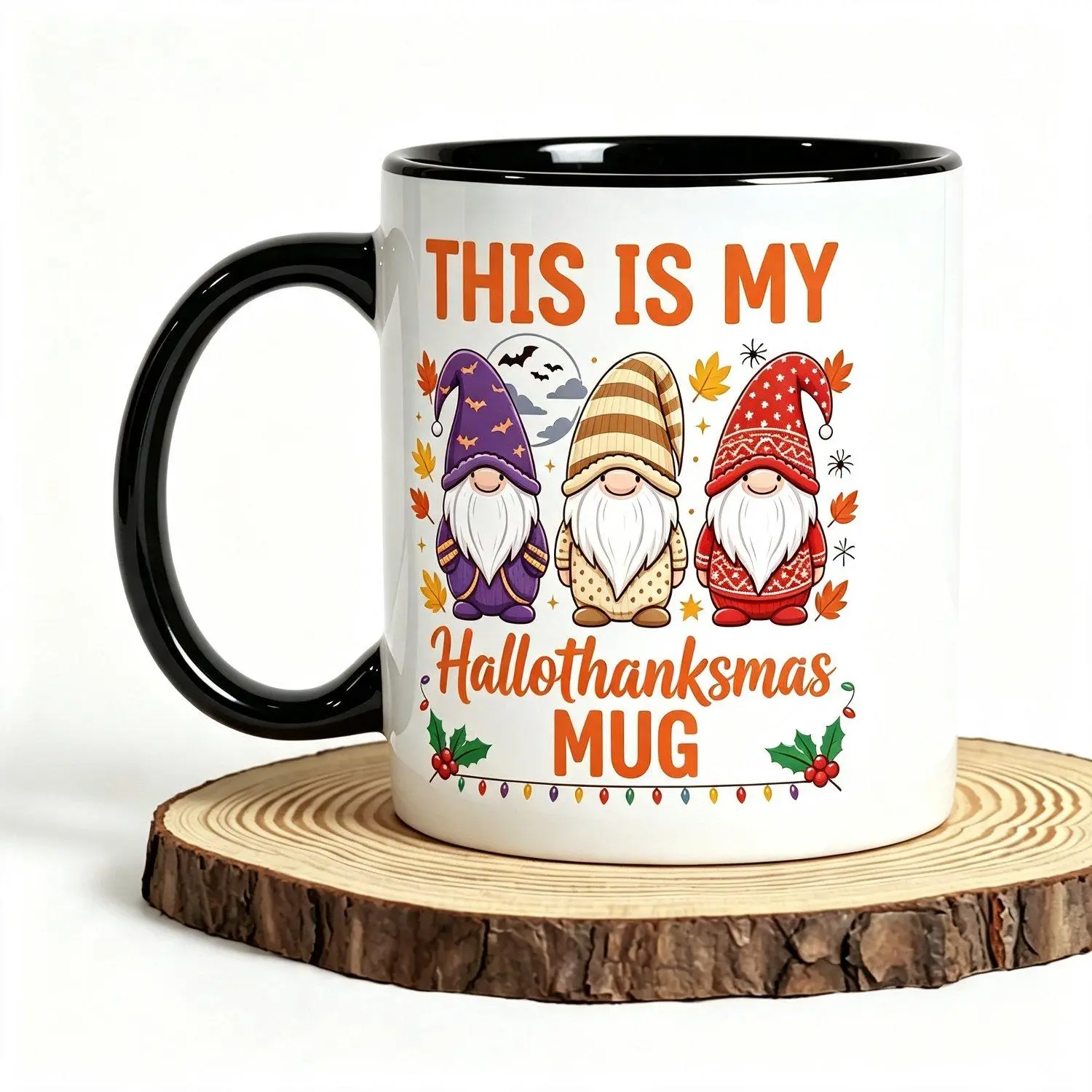 Hallothanksmas Gnome Coffee Mug Halloween Thanksgiving Christmas Three Gnomes Fall Winter Holiday Decor Cup Seasonal Gnome Hallothanksmas Coffee Cup Gift