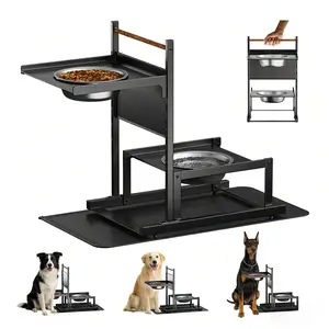 CUGBO Metal Elevated Dog Bowl Stand with Handle Grip, Spill-Proof Mat, 6-Height Adjustable (6.9" to 14.2") Joint Support Pet Food and Water Bowls for Medium-Large Dogs, Black