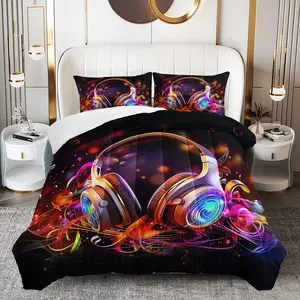 3pcs Headphone Music Comforter Set, Modern Duvet Set for Girls and Adults Bedroom or Guest Room Decor, Lightweight Soft All Seasons Comforter Machine Washable Microfiber Quilt with 2 Pillowcases , Gifts for the Family