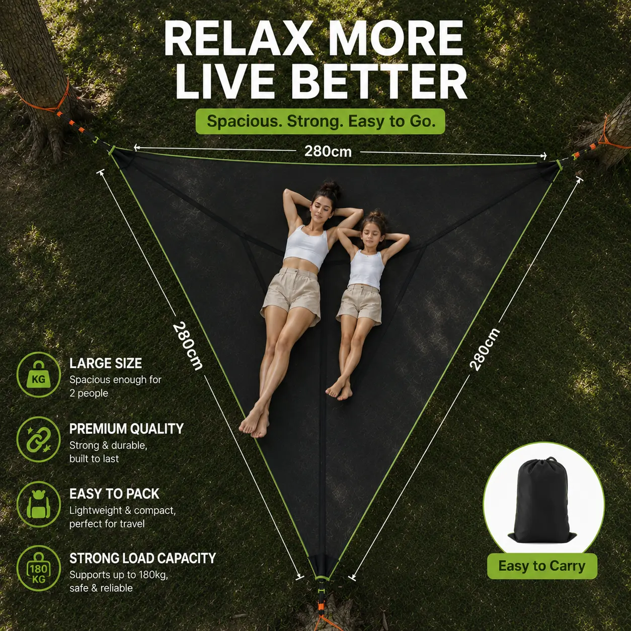 Heavy-Duty Triangle Hammock, 400 LBS/180 KG Weight Capacity, Oversized 110.24 Inch Portable Outdoor Swing Bed with Storage Bag & Straps, Durable Polyester Mesh, Travel Accessory Hammock - Ideal for Camping, Backpacking & Garden Relaxation, Travel Hammock