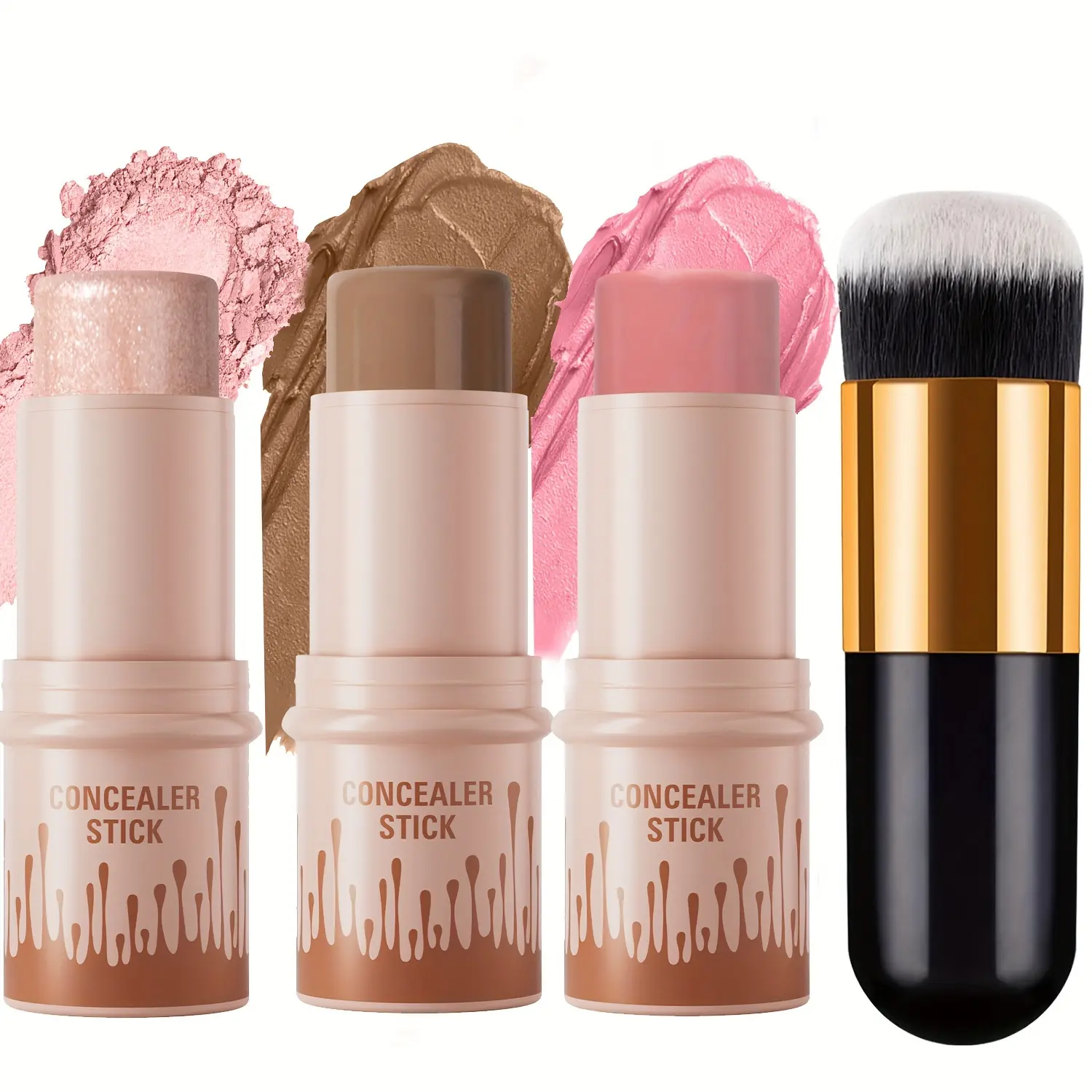 Contour Stick, Blush Stick, Highlighter Stick, Bronzer Stick, 3 Pcs Cream Contour Kit with Brush for a Flawless Look, Contour Stick Makeup Non-Greasy Waterproof, Long-lasting Fair