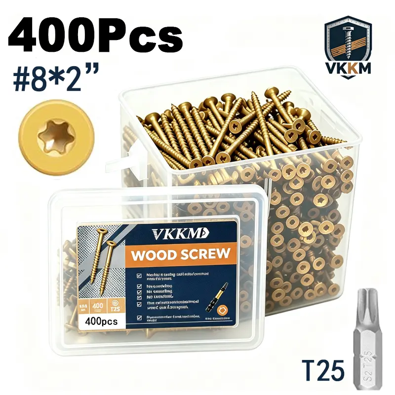 VKKM Wood Screws & Deck Screws 400Pcs #8 x 2" Wood Screw Assortment Kit, T25 Star Drive Self Tapping Flat Head Countersunk Carbon Steel Rust Proof Exterior Fasteners with Epoxy Coating for Decking, Fencing, Furniture, Cabinets, DIY Projects