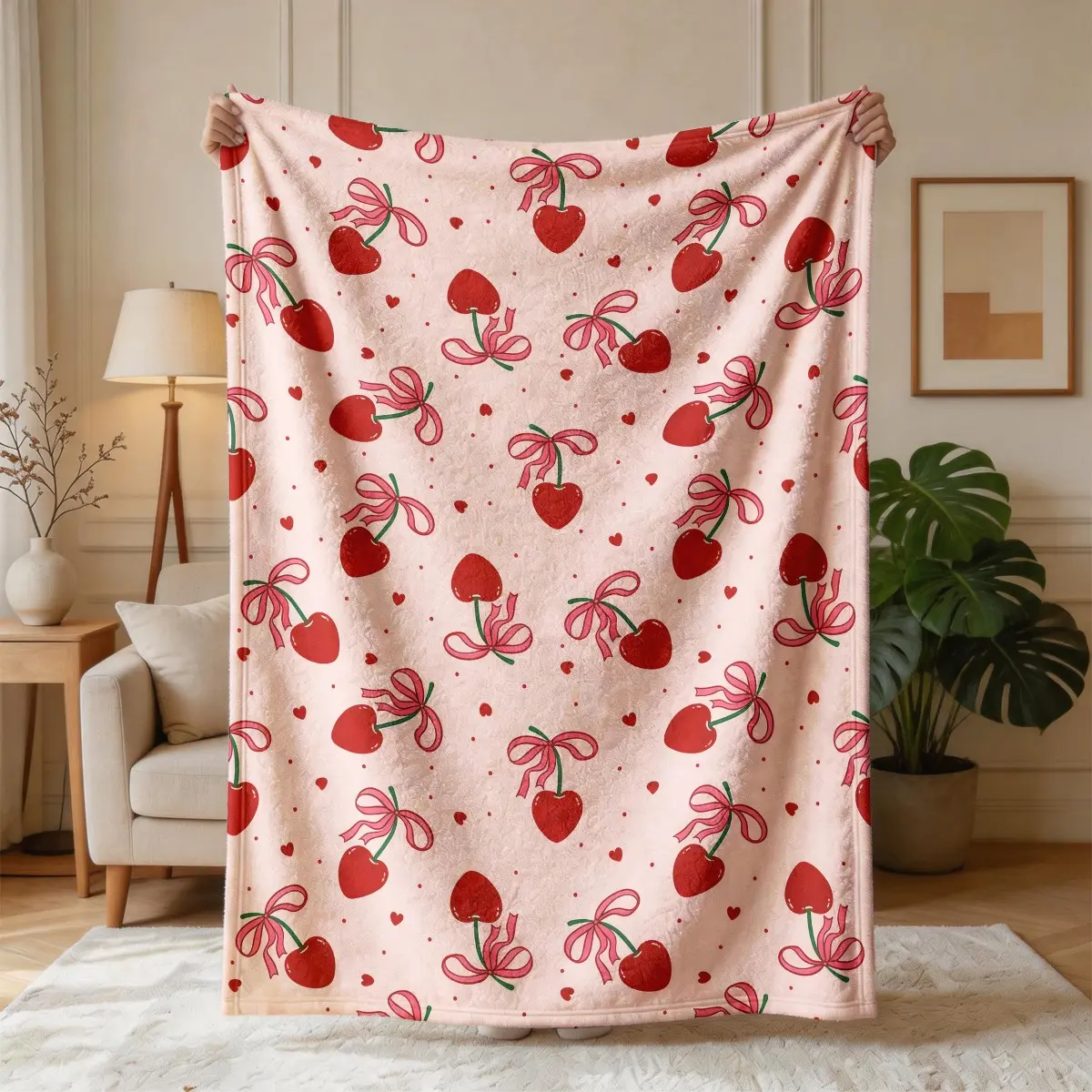 Cherry Bow Print Flannel Blanket, Decorative Blanket, Large Size, Soft and Lightweight, Perfect for All Seasons, Ideal for Bed, Sofa, Office, Camping, Travel, Cozy Throw Blanket, Blankets for Sofa