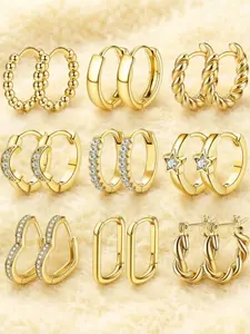 9 Pairs Fashionable Golden Sparkle Zirconia Huggie Ear Jewelry Set for Women Men Smooth Skin-friendly Copper Material Pleasant All-day Wear Rich Varied Stylish Designs Bright Polished Zirconia Soft Elegant Luster Lightweight Practical for Daily Use