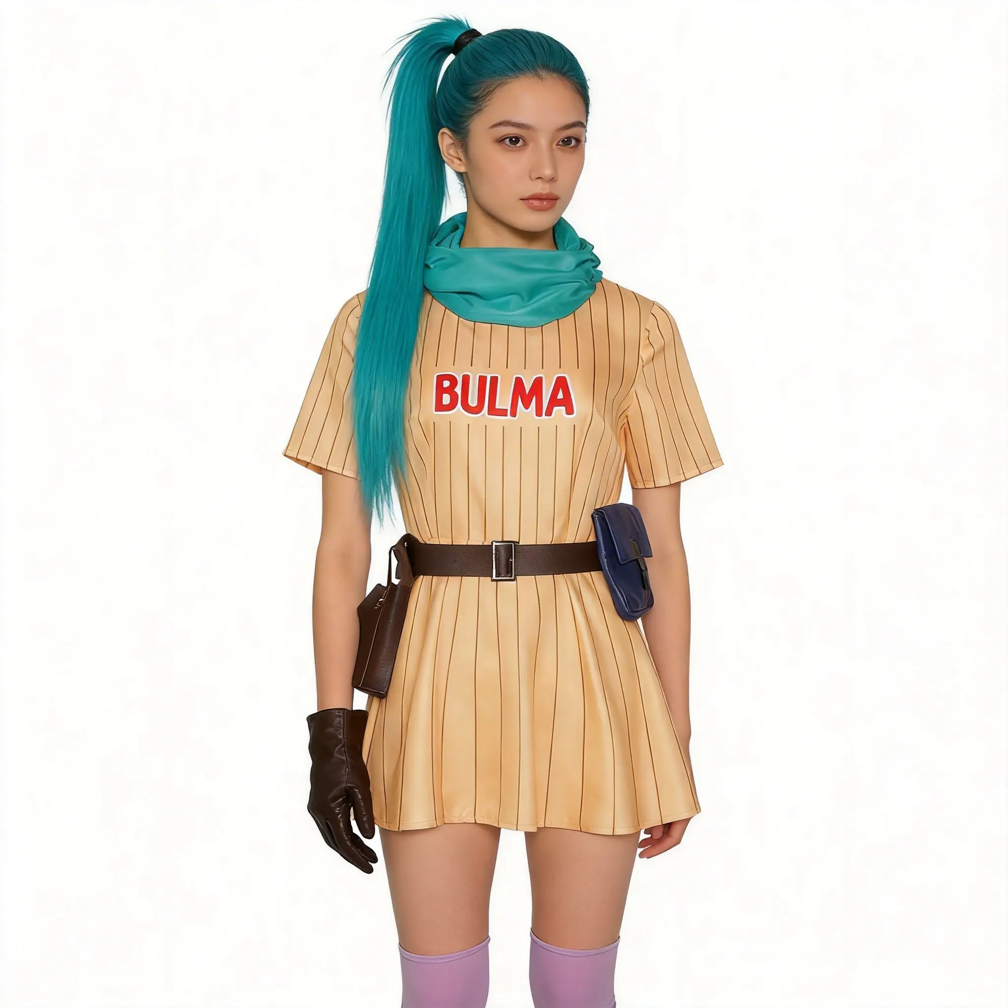 Women's Dragon Ball Bulma Yellow Striped Original Cosplay Clothes - Full Set Light Dress, Accessories for Stage Performance & Cosplay, Scarf