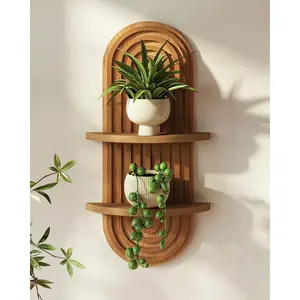Bohemian Style Wall Decoration Brown Plant Ledge, Medieval Modern Style Decorative Hanging Plant Shelf, Two-Layer Wooden Floating Shelf, Suitable for Home, Living Room, Office to Place Flower Pots, Christmas Decorations, Halloween Gifts