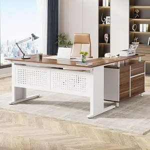 Tribesigns 63 Inch Executive Desk with File Cabinet, Large Office Desk L Shaped Computer Desk with Drawers and Storage Shelves, Business Furniture Desk Workstation for Home Office, Walnut and White