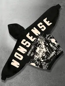 Street Trendy Stylish Gothic Black Batwing Long Sleeve Hoodie for Men, Rapper Portrait Graphic Print, Skeleton Wings Gothic Dark Print Casual Hoodie Autumn/Winter Coat Unisex Hoodie Gothic Menswear