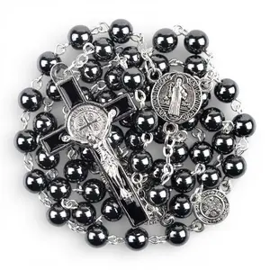 Catholic Rosary with St Benedict Medal – Black Natural Stone Beads & Stainless Steel Crucifix – Durable Prayer Necklace – Rosario Catolico de Proteccion