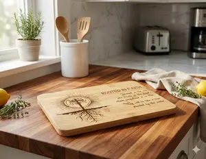 Rooted in Faith Bamboo Cutting Board – 10" x 7"