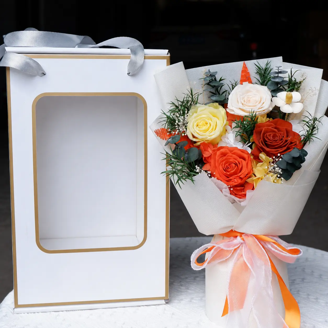 Vibrant Orange Preserved Rose Bouquet  & Gift Bag, 13.8 in H × 10.2 in W Long-Lasting Floral Arrangement, Gift-Ready for Women (Mom, Wife, Girlfriend) on Anniversary, Valentine’s Day, Ideal for House Decor, Room Decor
