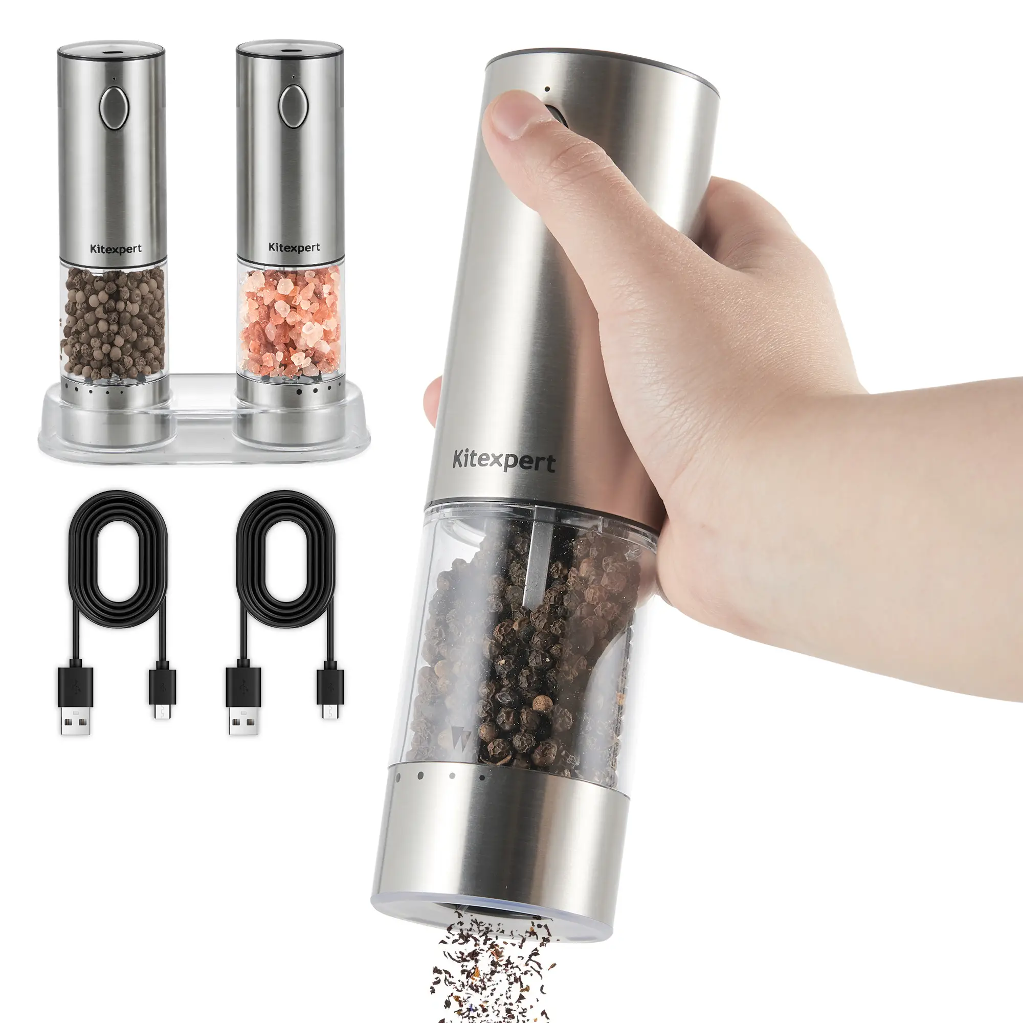 [FallDealsForYou]KitExpert Upgraded USB Rechargable Salt&Pepper Grinder Shaker Set, Stainless Steel With LED Light, 6 Grinding Level, Kitchen Gadgets,