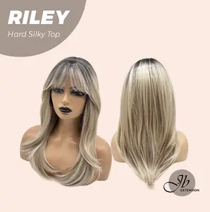 JBEXTENSION 21 Inches Scalpiana Dark Blonde with Dark Root 3.5X4 Hard Silky Top Natural Scalp Effect Wig with Bangs RILEY