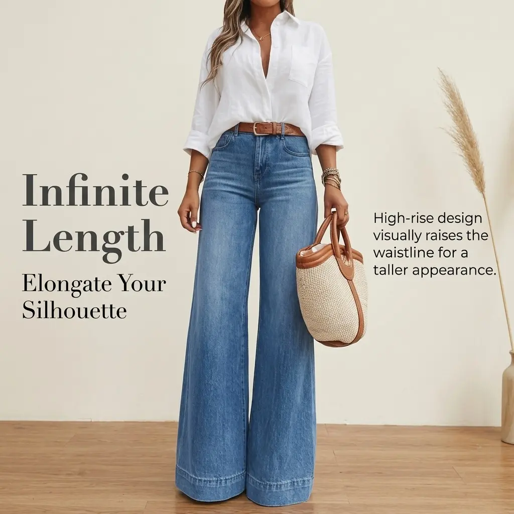 Women's High-Waist Puddle Jeans - 1-Piece French Chic Bottoms with Retro Vibe, Classic Simple Design, Fluid Drape, Comfortable Loose Fit for Daily Wear