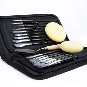 15 Pieces Paint Brush Set, Includes Pop-Up Carrying Case with Palette Knife and 2 Sponges, Black