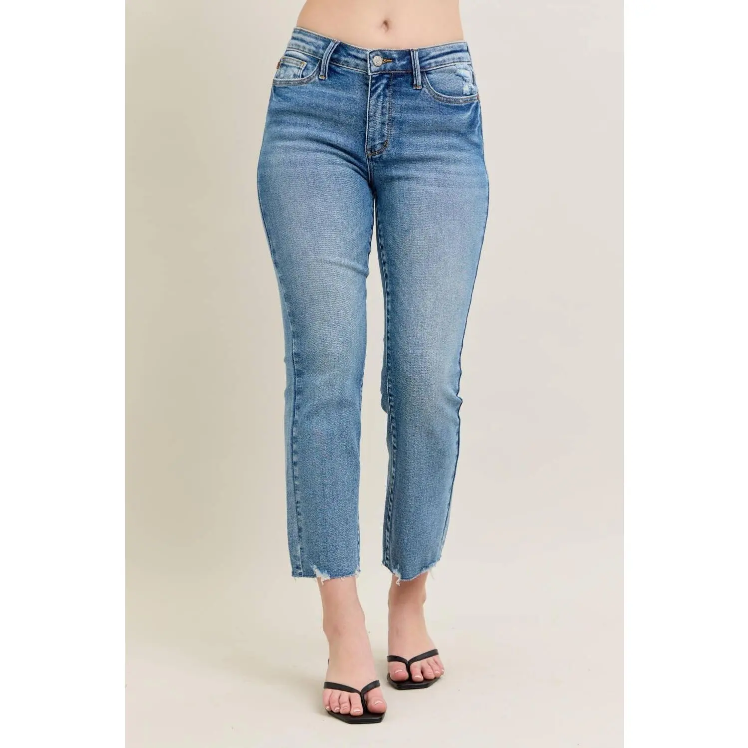 Judy Blue Mr.Vintage Wash Destroy Hem Kick Flare High-Stretch Denim Jeans for Women - High Waist, Midi Length, Casual Chic Everyday Wear