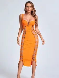 Sexy Cutout Detail Sweetheart Neckline Semi Sheer Ribbed Bodycon Dress Summer Womenswear
