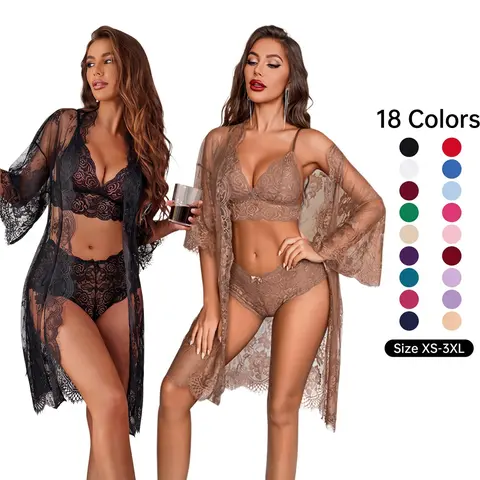 Avidlove Women's Alluring 3-Piece Lingerie Collection Brassiere and Brief Set featuring Lace Wrap Robe Sleepwear Sheer Night Dress Perfect for Gifts Special Occasions and Regular Wear Plus Size XS-3XL
