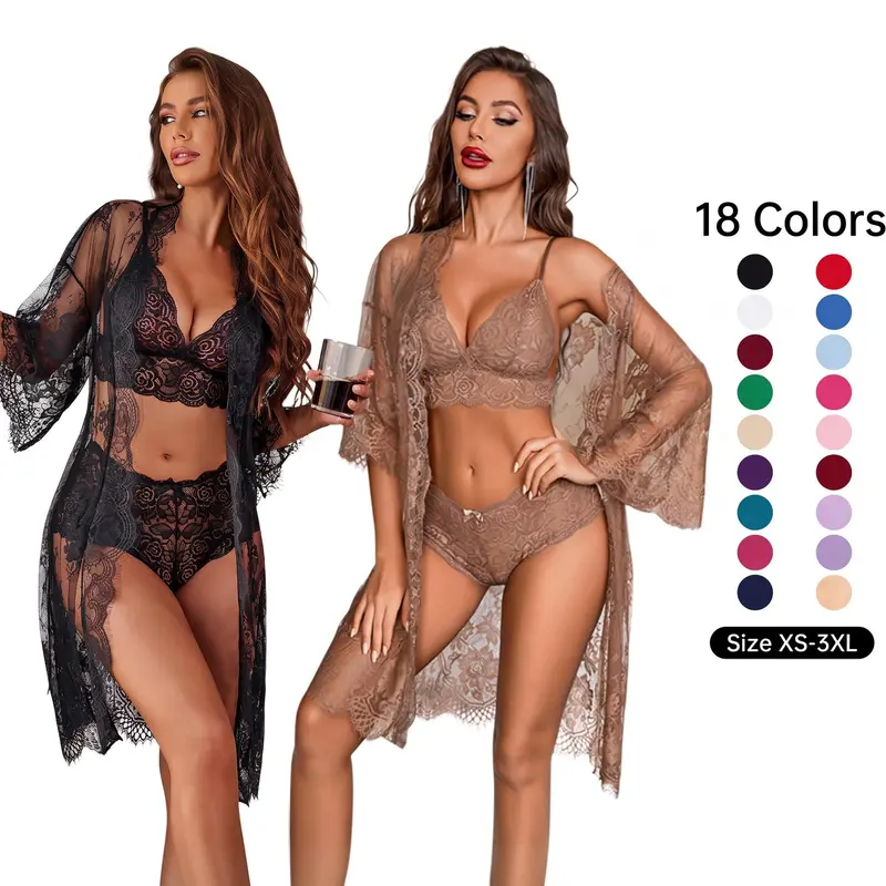 Avidlove Women's Alluring 3-Piece Lingerie Collection Brassiere and Brief Set featuring Lace Wrap Robe Sleepwear Sheer Night Dress Perfect for Gifts Special Occasions and Regular Wear Plus Size XS-3XL
