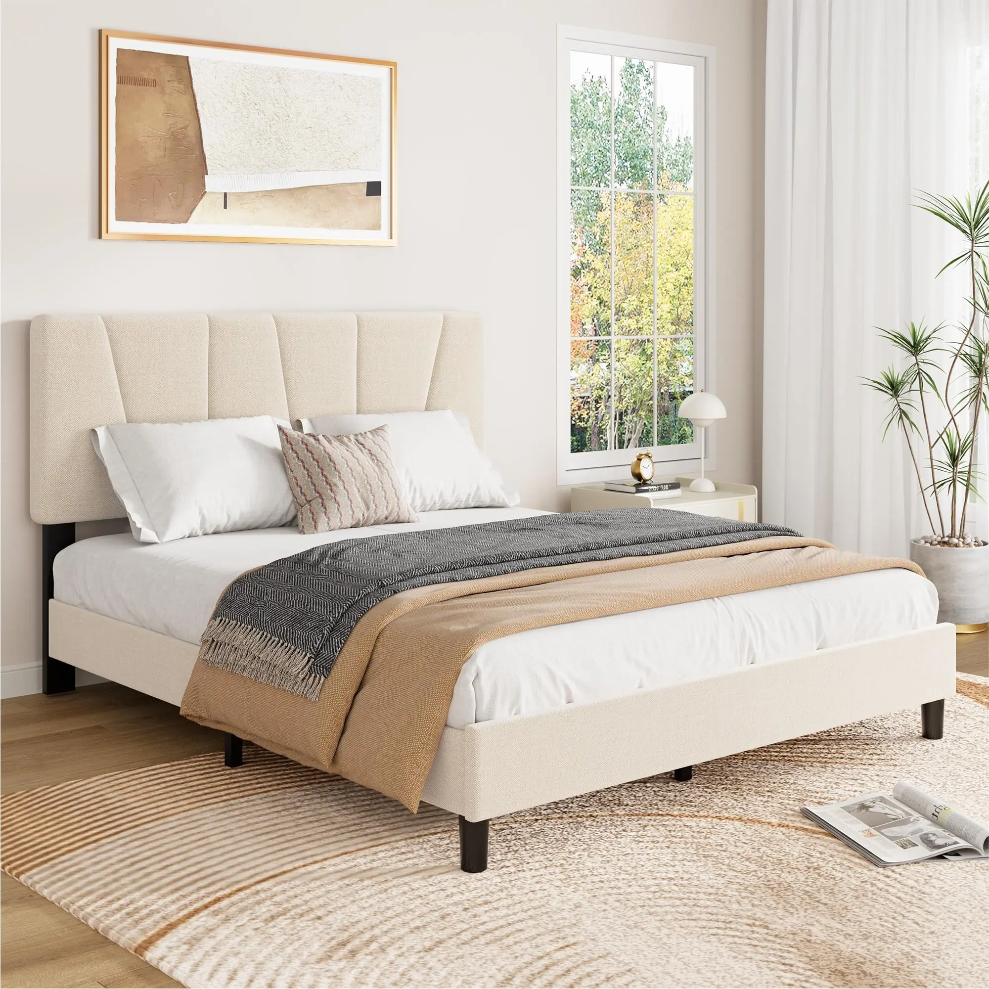 Modern Upholstered Platform Bed Frame with Adjustable Headboard – Strong Wooden Slats, No Box Spring Needed, Noise-Free, Easy Assembly