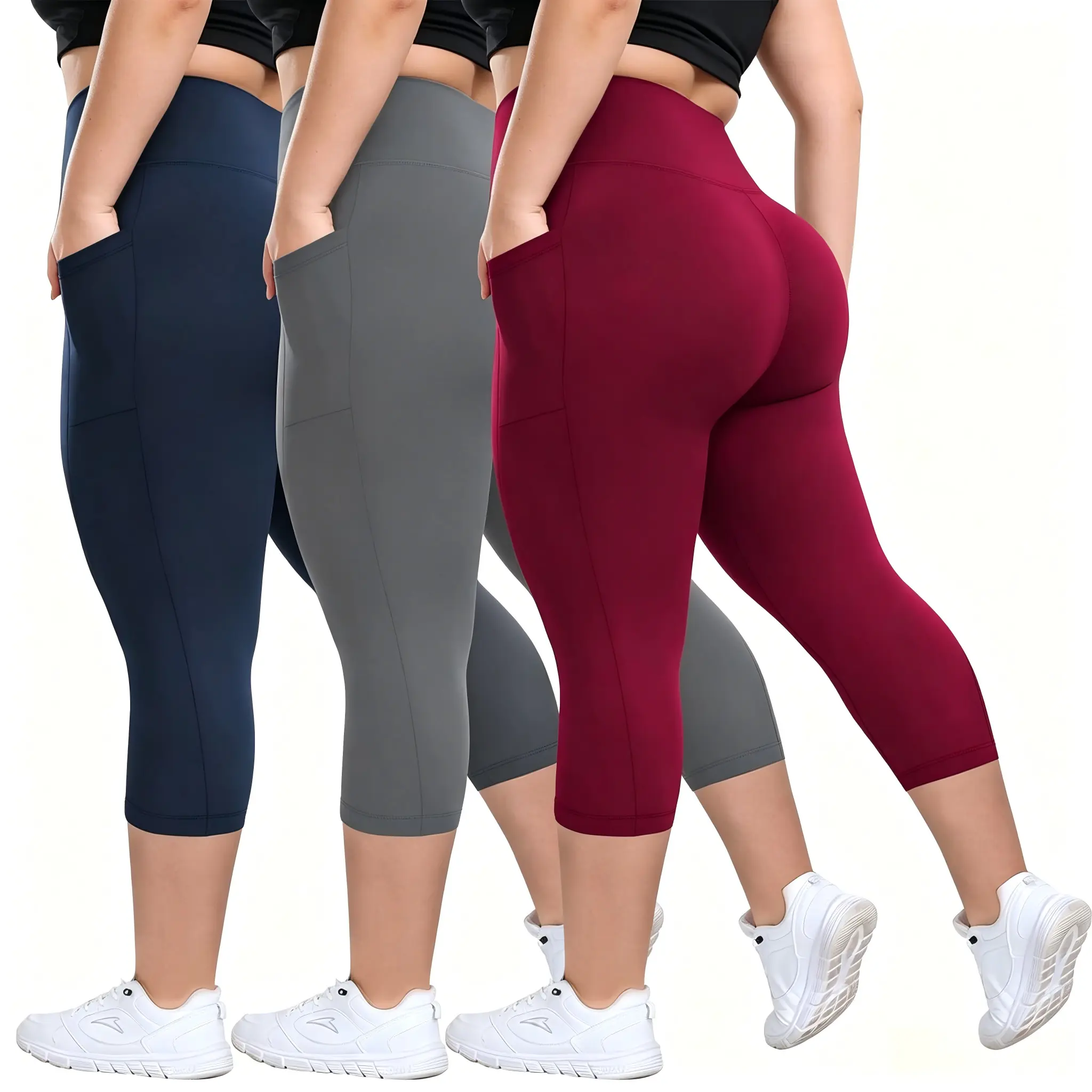 Women's Solid Color Sports Leggings with Side Pockets, Breathable Fitness Capris, Tummy Control Skinny Pants, Comfortable Athleisure Leggings for Yoga Gym Workout, Ladies Sportswear for Indoor & Outdoor Wear Athletic Trousers