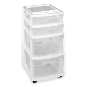 Homz Clear Plastic 4 Drawer Medium Home Storage Container Tower, White Frame Organiser Laundry