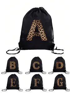 Classic Leopard Print Backpack with Large Letters, Adjustable Drawstring, Casual Style, All Seasons, Multiple Letter Options