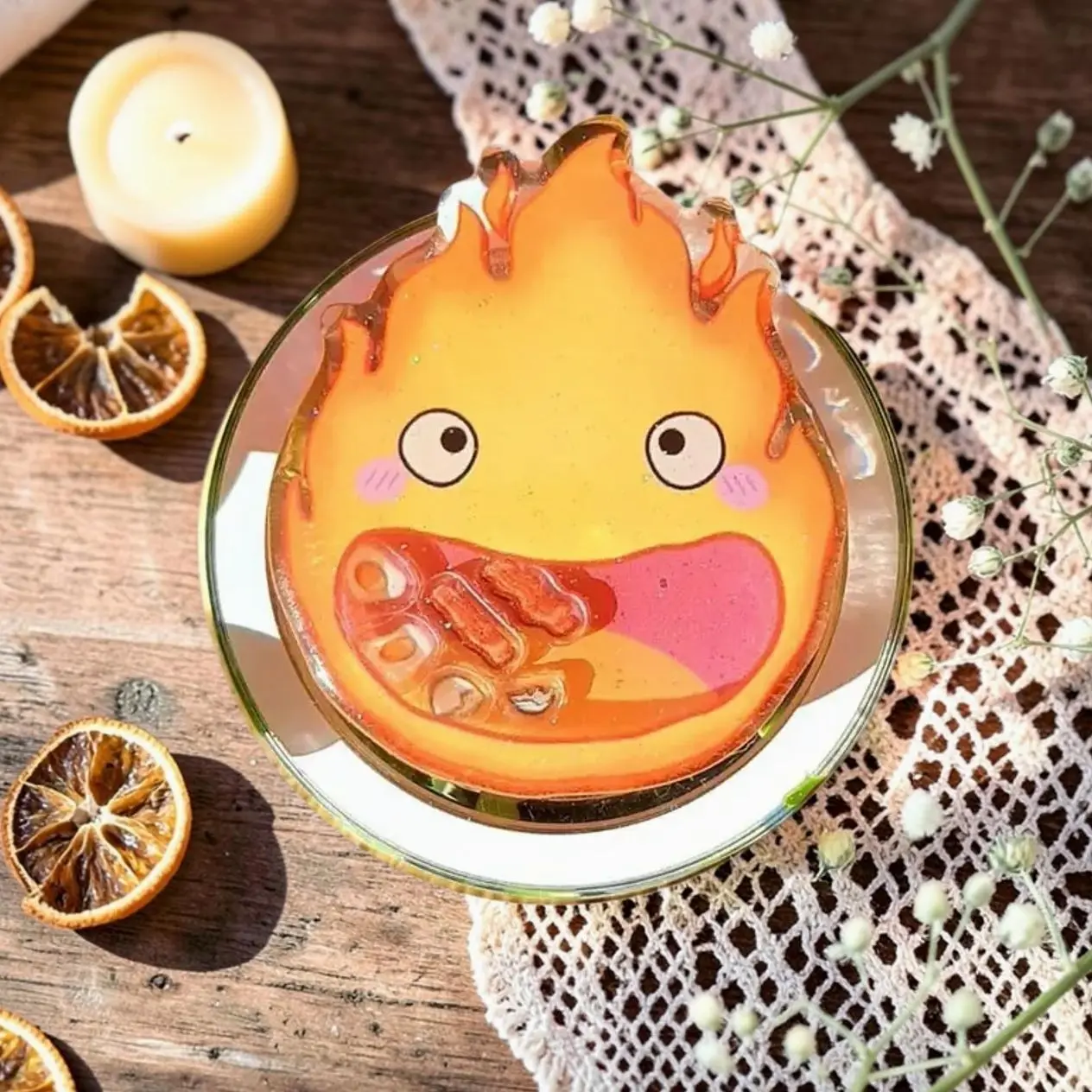 Cute Calcifer Anime Phone Grip Shaker | Aesthetic Moving Castle Resin Phone Holder Ghibli Inspired