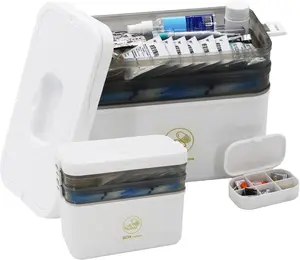 Large Capacity Medicine Storage Box with 2 Removable Trays, Portable First Aid Organizer, Multi-Purpose Storage Container for Medicines, Vitamins, Cosmetics & Household Supplies