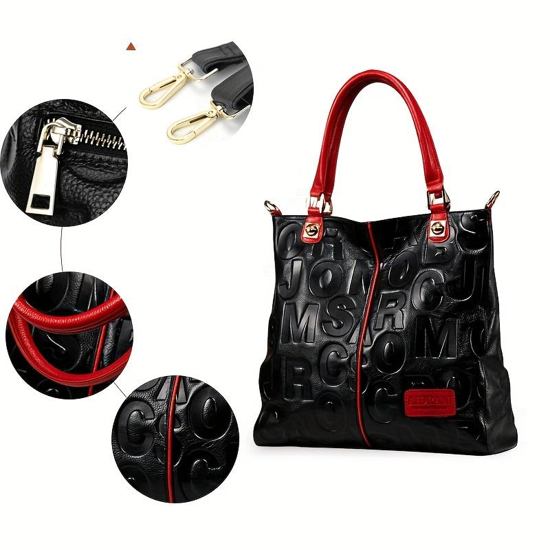 Women's Glossy Faux Leather  city   Tote Bag with Red Handles and Striking Embossed Letter Pattern