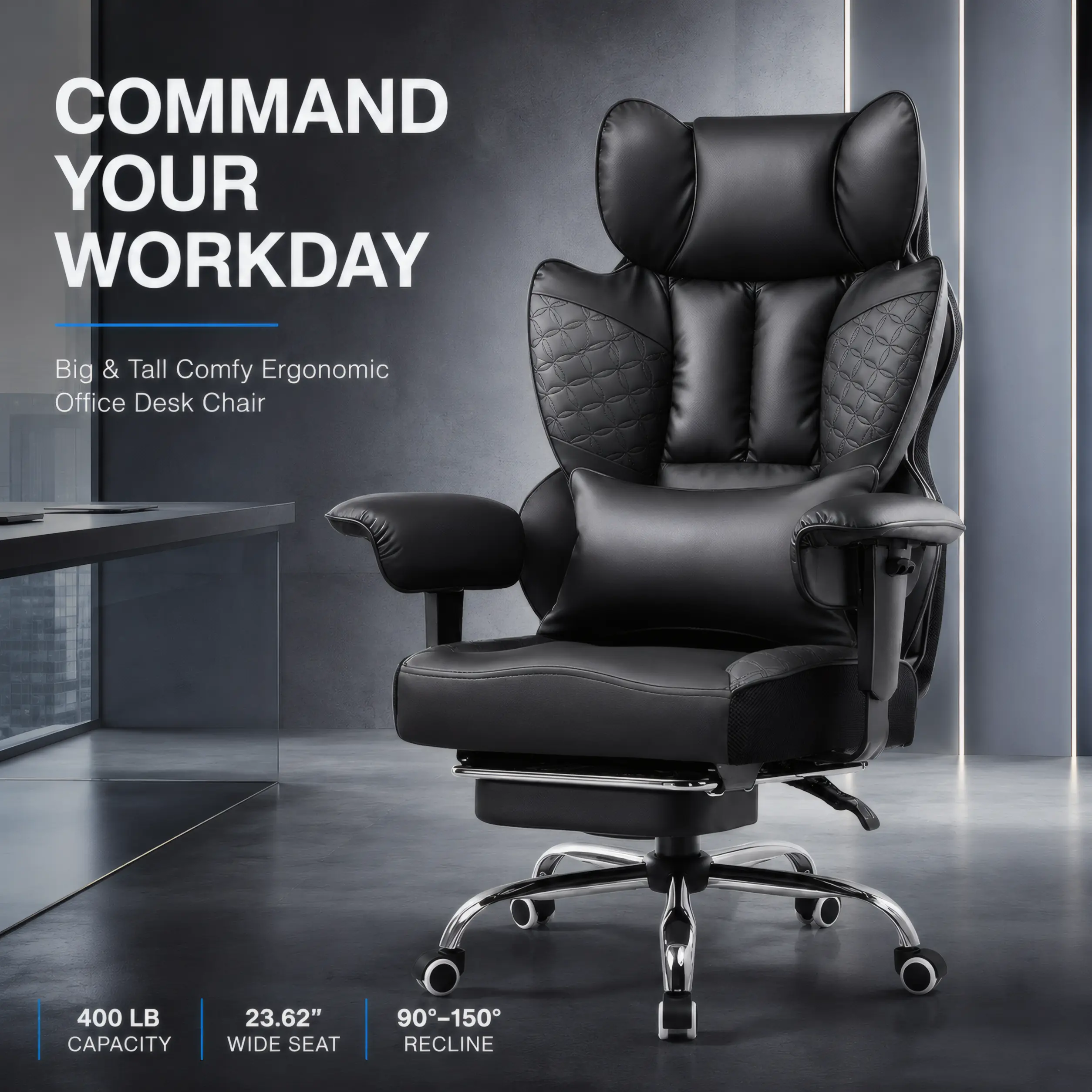 Big & Tall Executive Office Chair 400LB Capacity, 23.62" Extra Wide Seat Ergonomic High Back Desk Chair with Pocket Spring Lumbar Support, 90°–150° Recline, Retractable Footrest, Height-Adjustable Padded Armrests & Soft PU Leather for Home Office