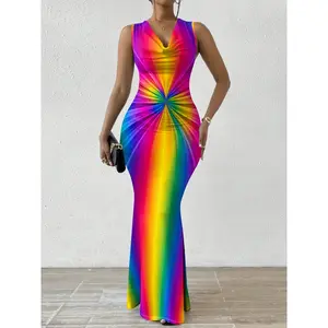 Women'S Rainbow Maxi Dress Sleeveless V Neck Twist Front Bodycon Mermaid Hem Vibrant Party Evening Gown Pride Outfit