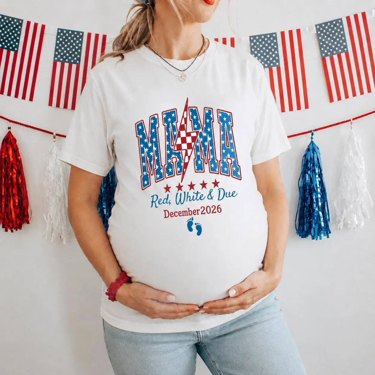 American Mama 4th of July Pregnancy Announcement Shirt Red White & Due Patriotic Maternity Tee July Fourth Cotton Fabric Unisex T-shirt Classic Fit