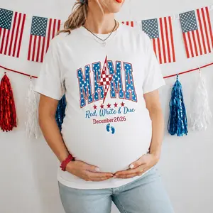 American Mama 4th of July Pregnancy Announcement Shirt Red White & Due Patriotic Maternity Tee July Fourth Cotton Fabric Unisex T-shirt Classic Fit