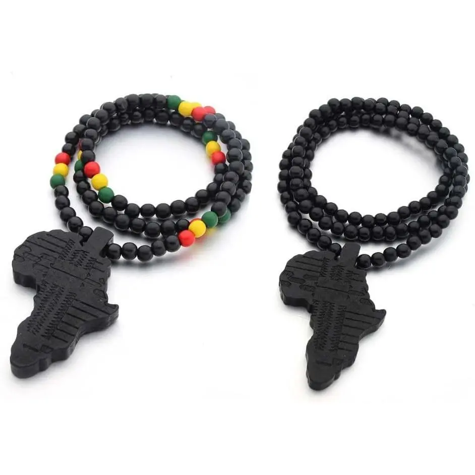 Afrocentric Wooden Pendant Necklace, Hiphop Style Africa Map with Multicolor 8mm Decorative Beaded Chain for Men, Accessory Beaded Chain, Fashion Cool Accessories