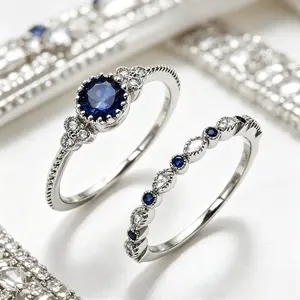 Elegant 2-Piece Blue Stone Engagement & Wedding Ring Set for Women, Sapphire-Tone Statement Bands with Milgrain Detail, April Birthstone Jewelry Gift for Anniversaries, Weddings & Daily Wear