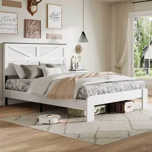 Full/Queen/King Size Bed Frame with Headboard and Footboard, Farmhouse Full/Queen/King Platform Bed Frame with Metal Slats Support, No Box Spring Needed, Noise-Free, Easy Assembly, White