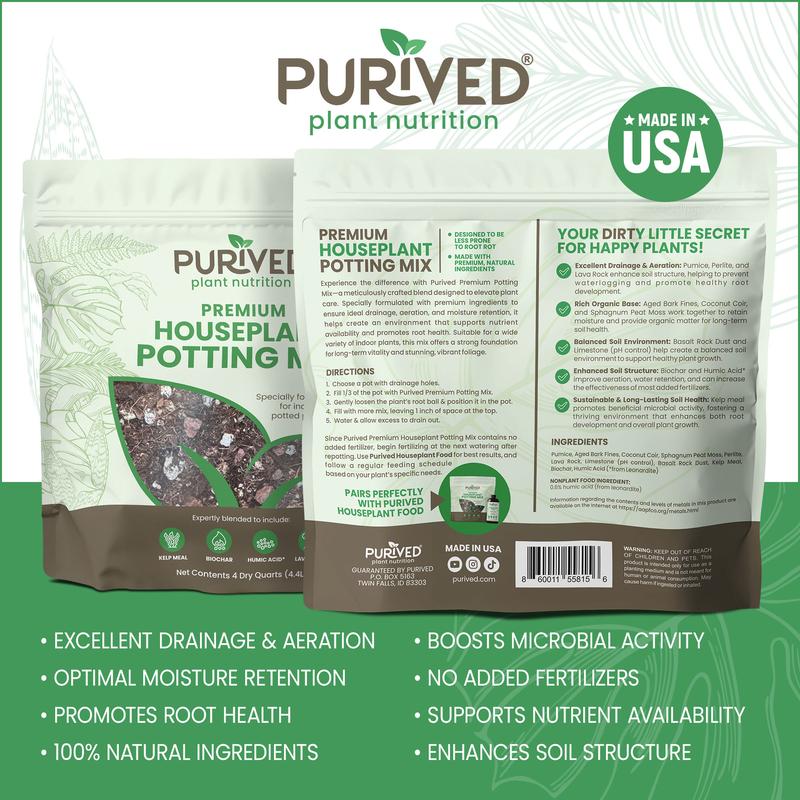 Purived Essential Plant Care PLUS 2 (4 Quart) Bags of our Premium Houseplant Potting Mix with 1 16oz Bottle Purived Houseplant Food