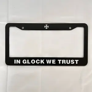 "In Glock We Trust" Cross License Plate Frame – Black Stainless Steel U.S. Standard Car Tag Holder Accessory