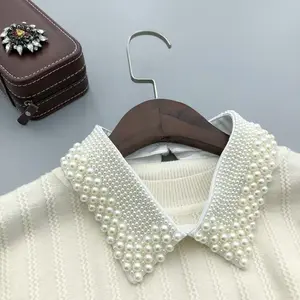Elegant Vintage Pearl Embellished Handcrafted Collar for Women High-Quality Polyester Fiber & PVC Fabric Perfect for Formal or Casual Occasions White Tie Solid Textured Tie