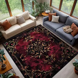 Gothic Red Black Floral Rug, Baroque Vintage Style Carpet, Ornate Dark Pattern Living Room Area Rug, Washable Non Slip Rug