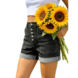 Fashion - New Summer Women'S Denim Shorts, Elegant And Fashionable, with a Retro Distressed Design, Rolled Cuffs, Heavy Wash End, Mid-Rise Fit, Double Button Front Closure And YKK Zipper Closure, Elastic Fabric Suitable for Machine Washing, V