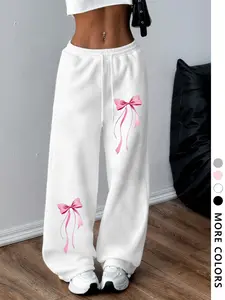 Cloud Comfort Baggy Pants, Graphic Bottoms, White Y2K Loungewear Bows Coquette Aesthetic meets Athleisure Vibes, Ultra-Soft, High-Waist, Oversized Silhouette – Perfect for #OOTD, Mix & Match for Casual Days or Coffee Runs