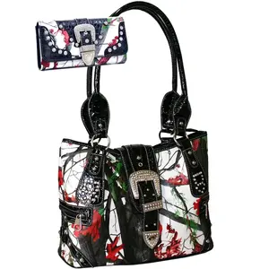 212 MAIN Men's Western Faux Leather Purse Wallet Set - Red & Multi-Color Floral Print, Buckle Detail, Rhinestone Accents, Dual Shoulder Design, Multi-Pocketed, Zipper Closure (BT925WB80SET-RD)