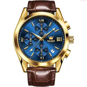 OLEVS Watch OLEVS Watch for Men Chronograph Brown Leather Gold Case Analog Quartz Fashion Business Dress Large Face Men Watch Day Date Luminous Waterproof Casual Male Wrist Watch Black/Blue/White Dial